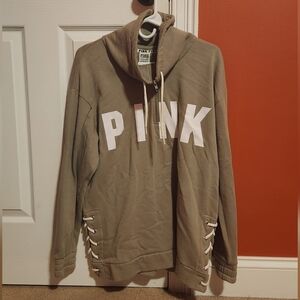Pink Green Zip Up Cowl Neck Sweatshirt